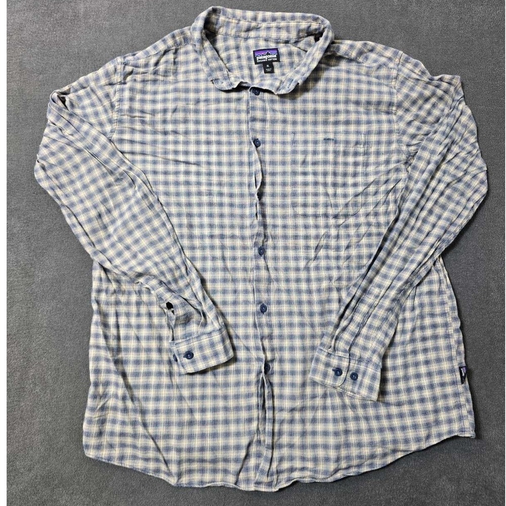 Patagonia Plaid‎ Long Sleeve Button Up Shirt Men's Blue Tan Outdoors Organic